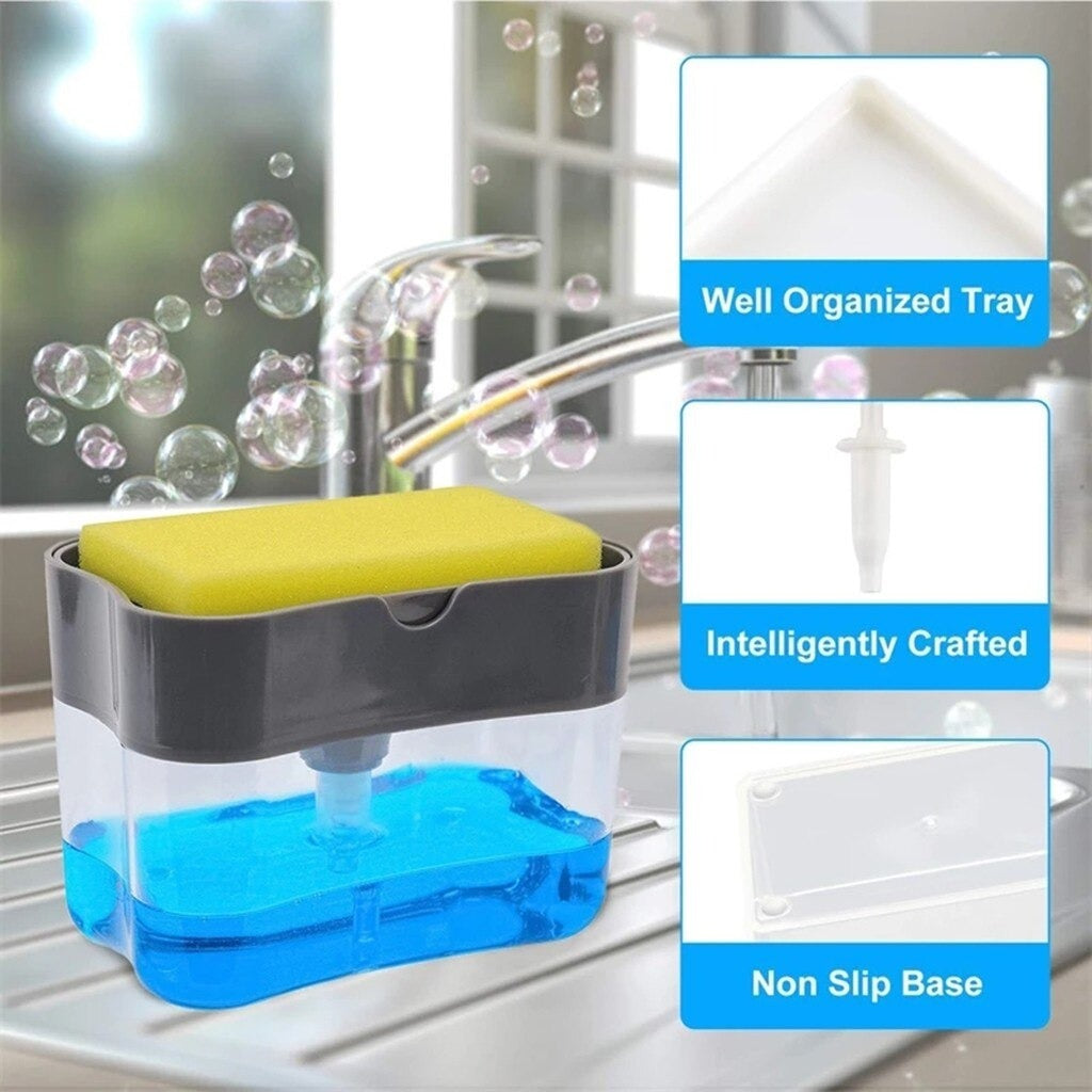 2-In-1 Liquid Soap Dispenser Soap Pump Sponge Caddy Manual Press With Washing Sponge
